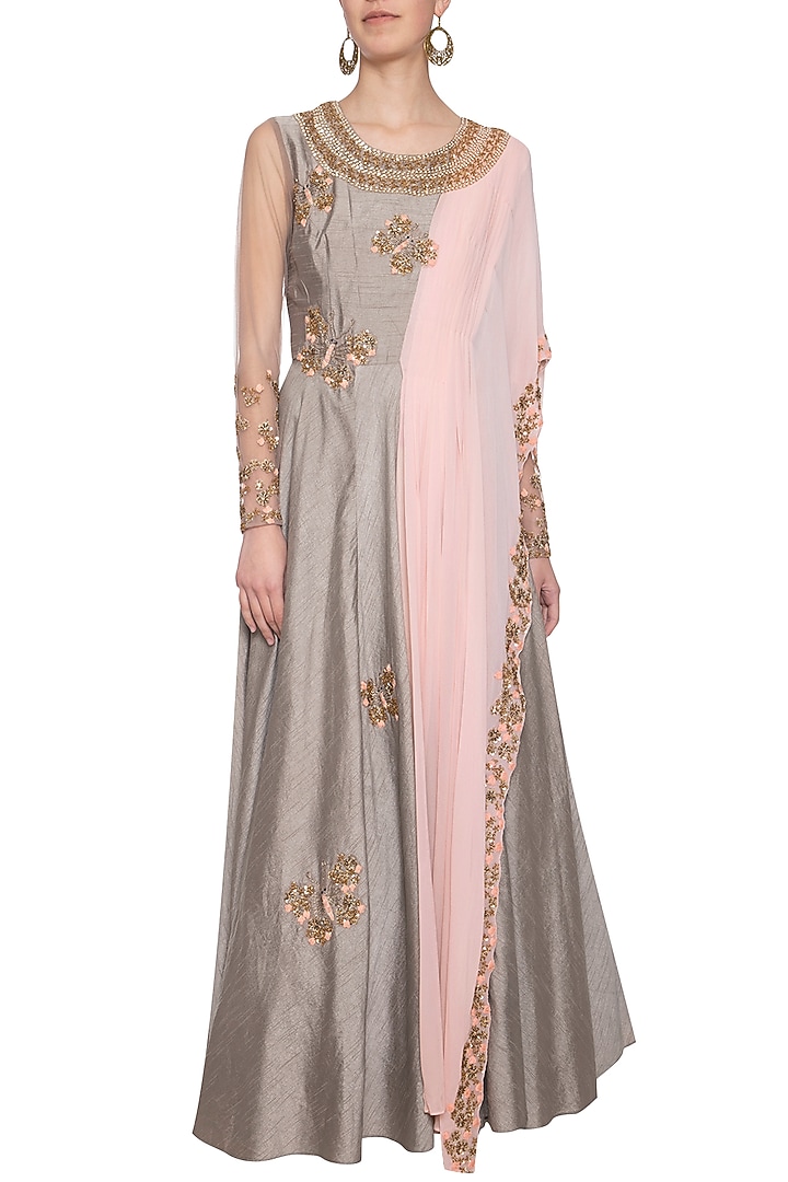 Dark grey and pink embroidered Wedding Anarkali gown by Shikha and Nitika at Pernia's Pop Up Shop