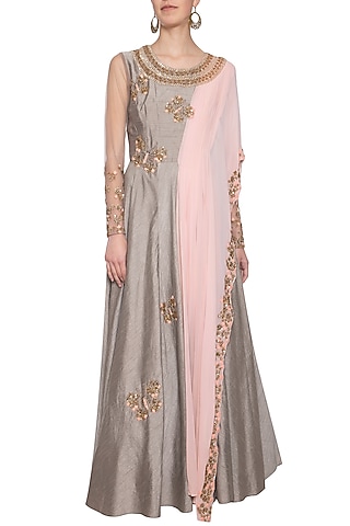Dark grey and pink embroidered anarkali gown by Shikha and Nitika