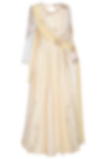 Off white and yellow embroidered anarkali set by Shikha and Nitika
