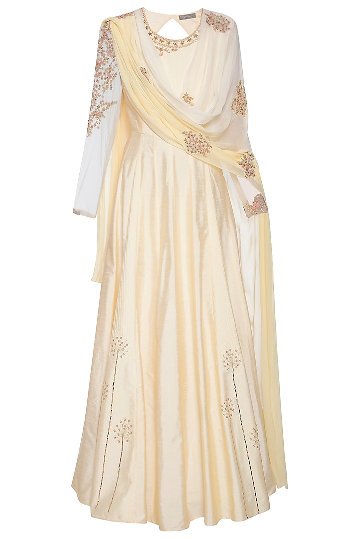 Off white and yellow embroidered anarkali set by Shikha and Nitika