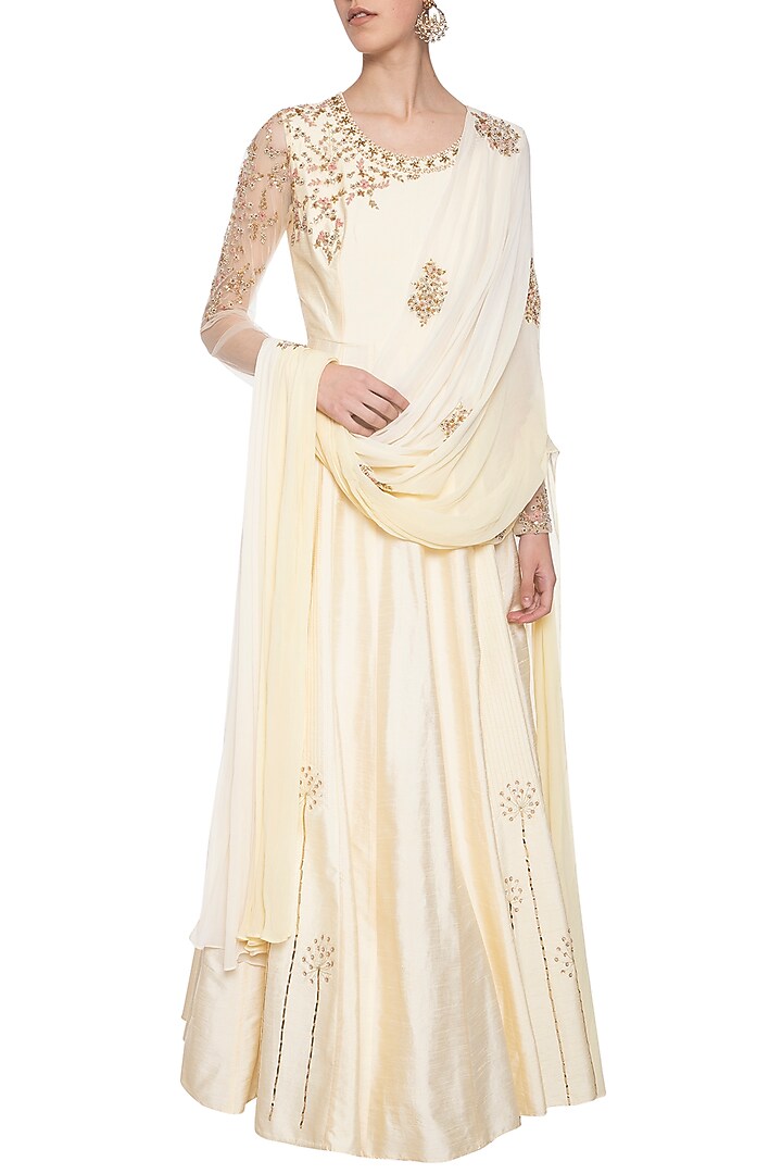 Off white and yellow embroidered Wedding Anarkali set by Shikha and Nitika at Pernia's Pop Up Shop