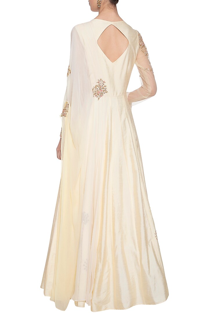 Off white and yellow embroidered Wedding Anarkali set by Shikha and Nitika at Pernia's Pop Up Shop