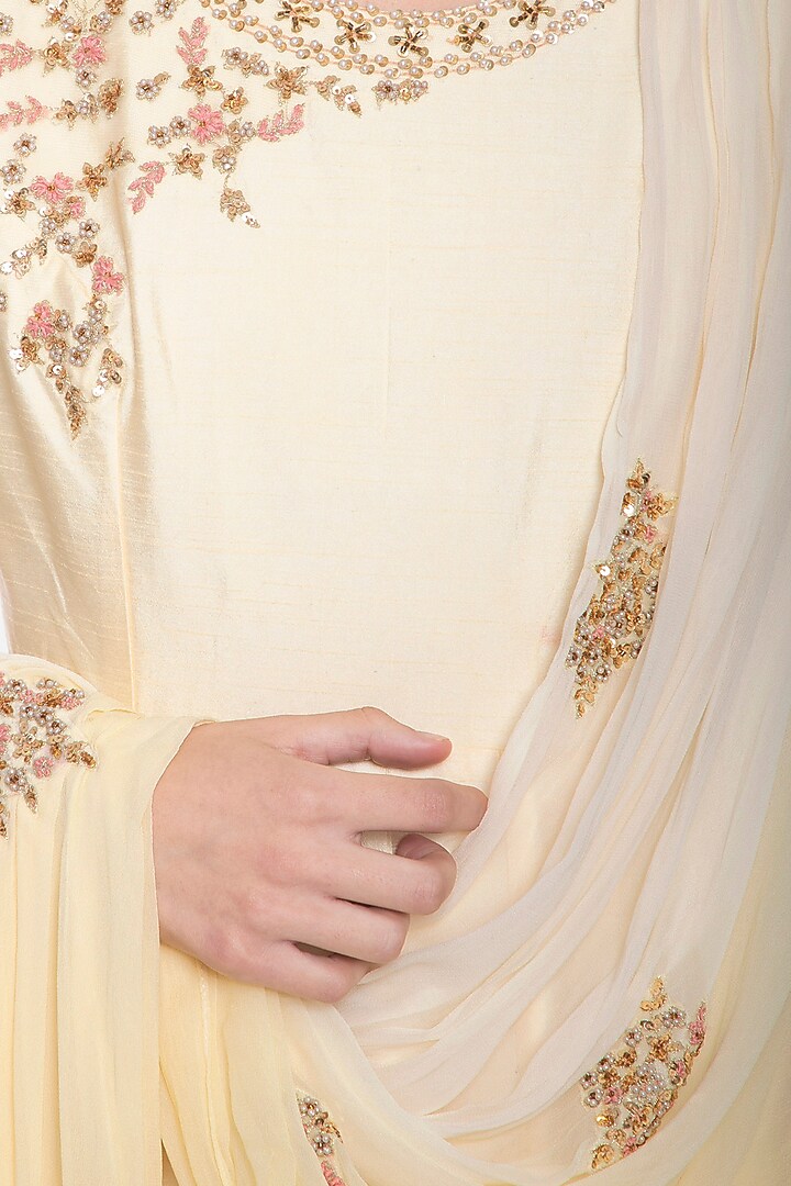 Off white and yellow embroidered Wedding Anarkali set by Shikha and Nitika at Pernia's Pop Up Shop
