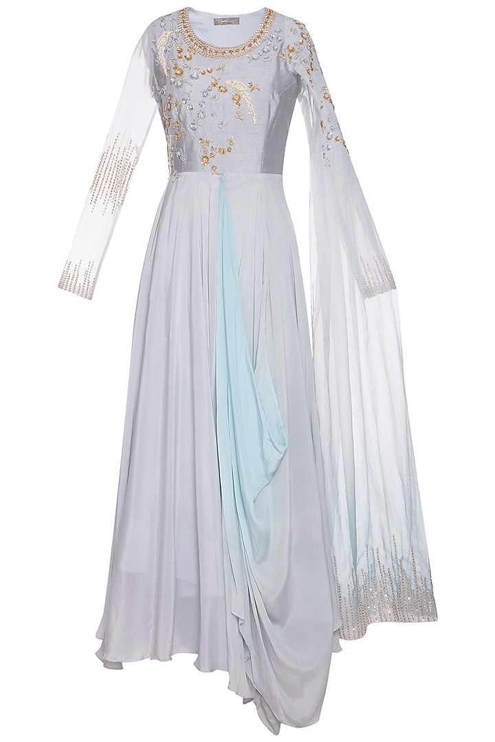 Steel grey and blue embroidered drape anarkali gown by Shikha and Nitika