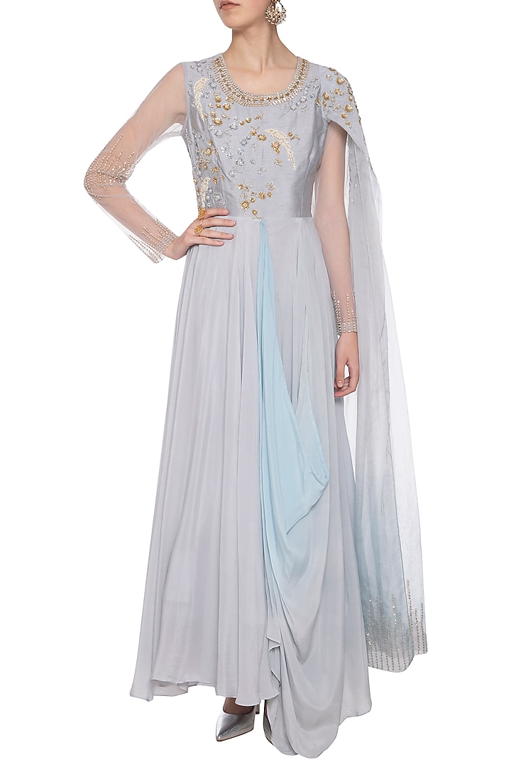Steel grey and blue embroidered drape Wedding Anarkali gown by Shikha and Nitika at Pernia's Pop Up Shop