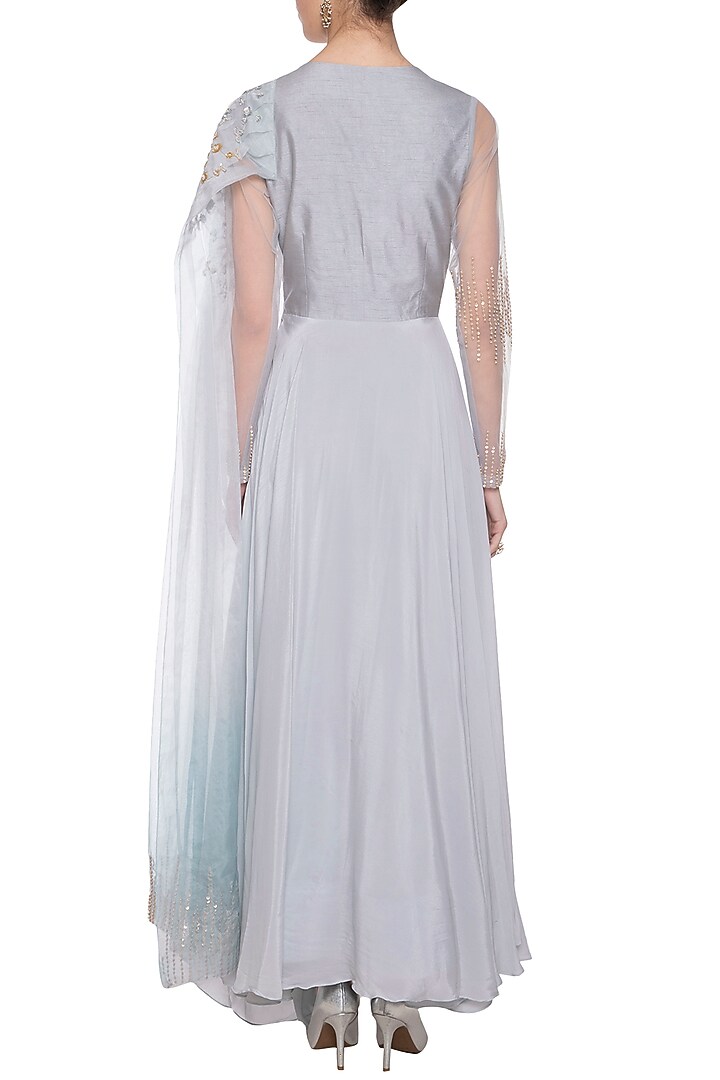 Steel grey and blue embroidered drape Wedding Anarkali gown by Shikha and Nitika at Pernia's Pop Up Shop