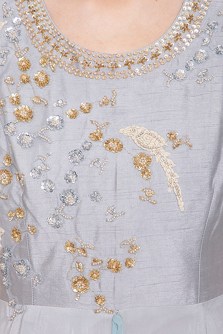Steel grey and blue embroidered drape Wedding Anarkali gown by Shikha and Nitika at Pernia's Pop Up Shop