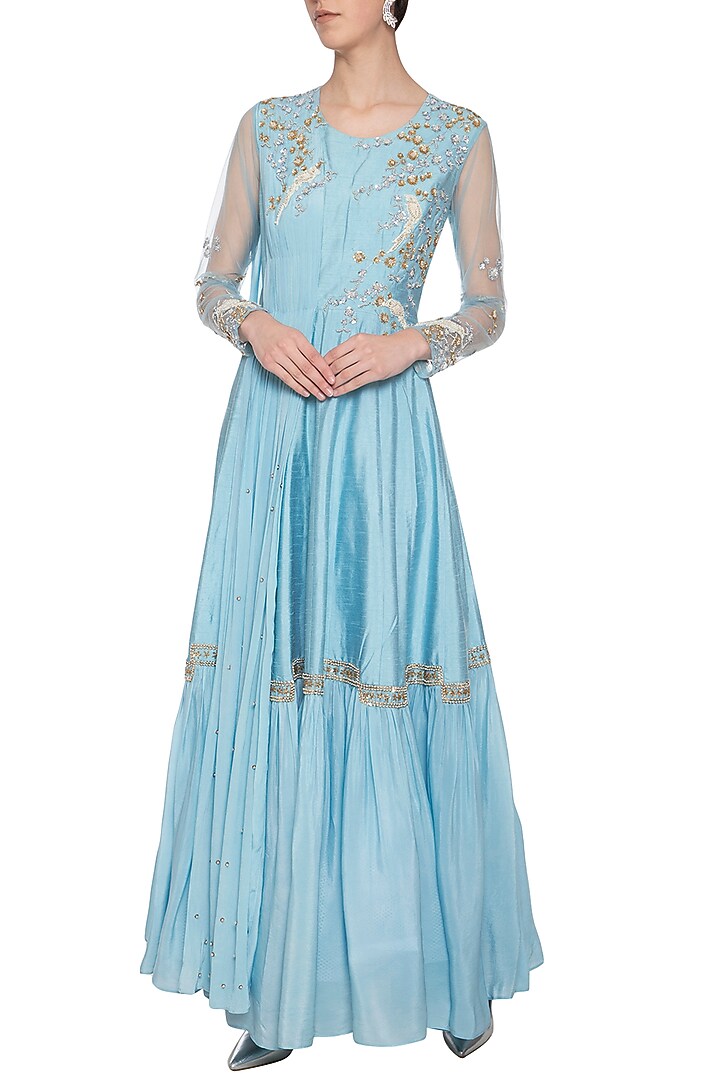 Sky blue embroidered drape Wedding Anarkali gown by Shikha and Nitika at Pernia's Pop Up Shop