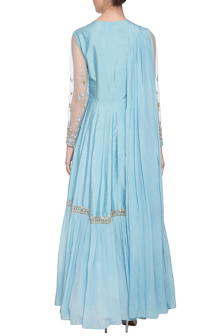 Sky blue embroidered drape Wedding Anarkali gown by Shikha and Nitika at Pernia's Pop Up Shop