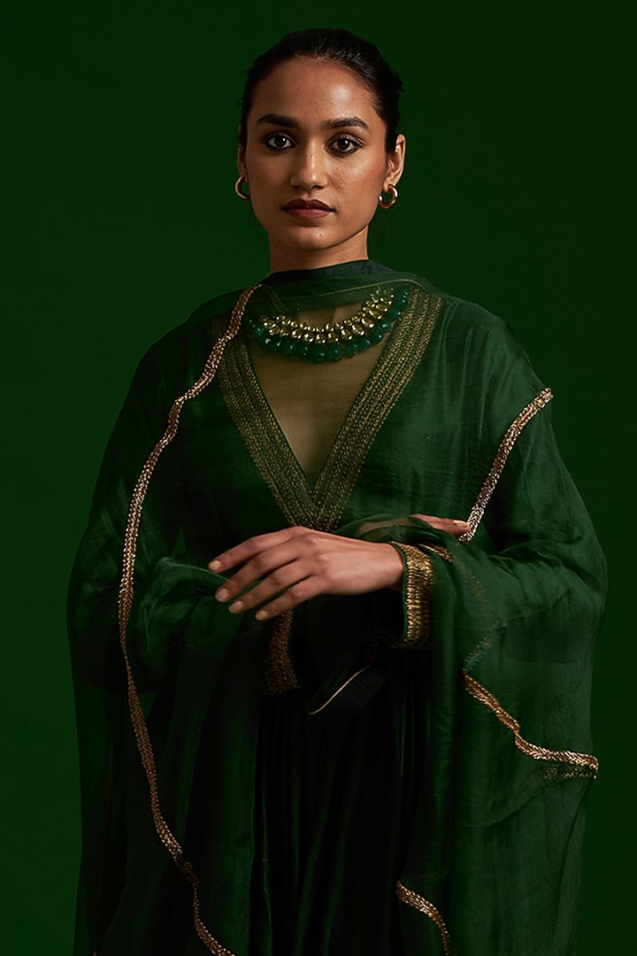 Emerald Green Embroidered Wedding Anarkali Set by Nishar Ahmed at Pernia's Pop Up Shop