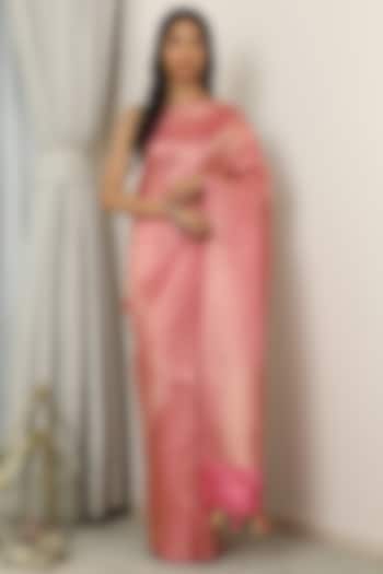 Pink Silk Zari Handcrafted Temple Design Saree Set by NEITRI at Pernia's Pop Up Shop