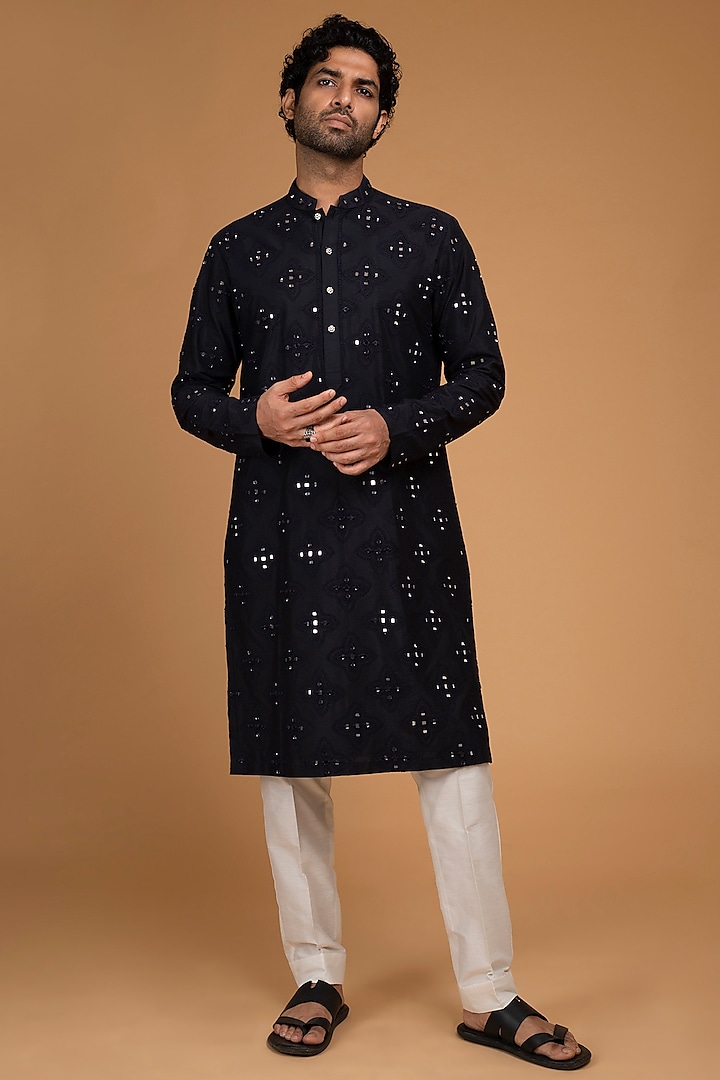 Blackish Blue Cotton Silk Mirror Work Kurta Set by Chatenya Mittal