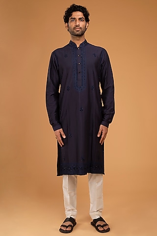 Navy Blue Cotton Silk Embroidered Kurta Set by Chatenya Mittal