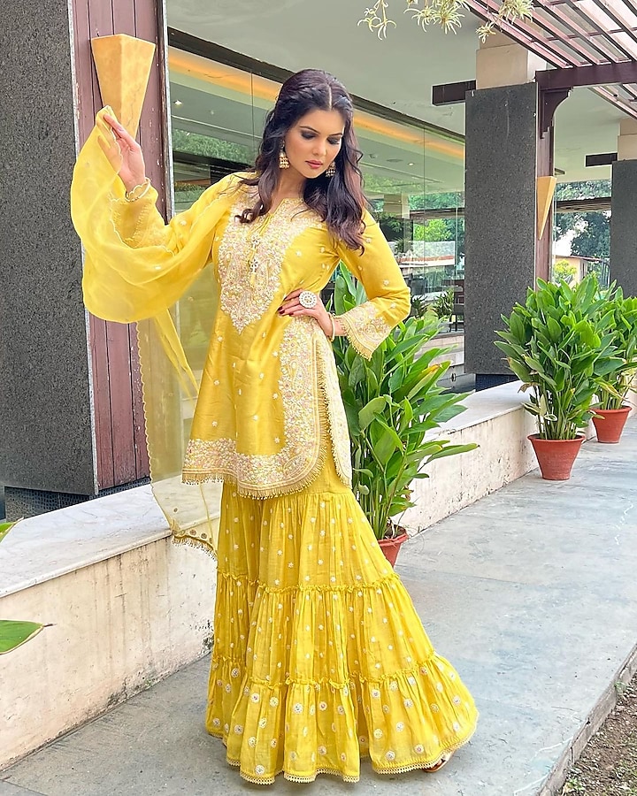 Yellow Chanderi Embroidered Sharara Set by Niti Bothra