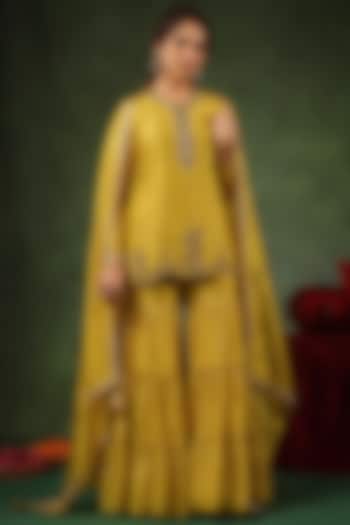 Yellow Chanderi Silk Layered Wedding Sharara Set by Niti Bothra at Pernia's Pop Up Shop