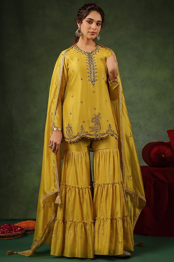 Yellow Chanderi Silk Layered Wedding Sharara Set by Niti Bothra at Pernia's Pop Up Shop