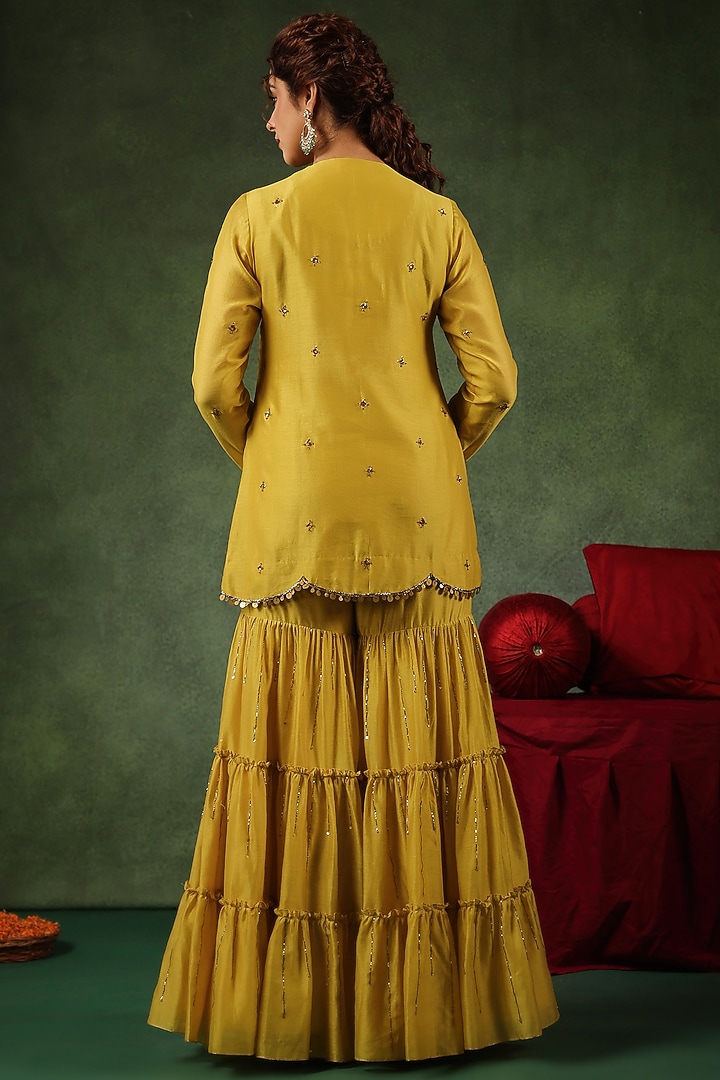 Yellow Chanderi Silk Layered Wedding Sharara Set by Niti Bothra at Pernia's Pop Up Shop
