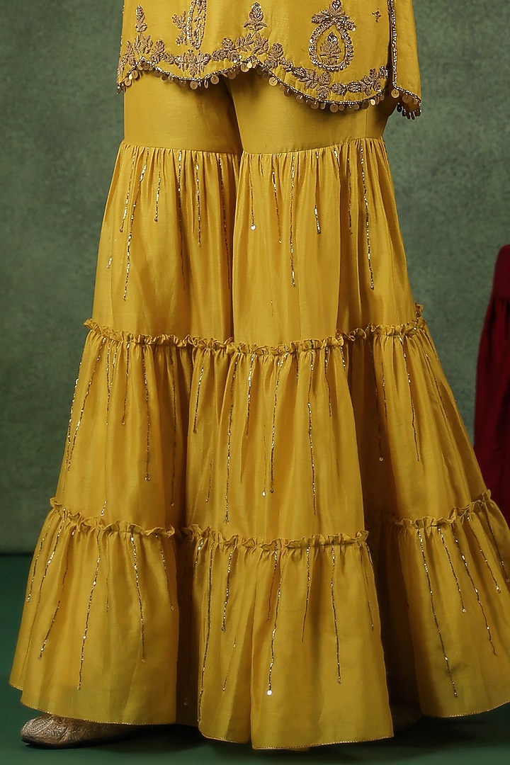 Yellow Chanderi Silk Layered Wedding Sharara Set by Niti Bothra at Pernia's Pop Up Shop