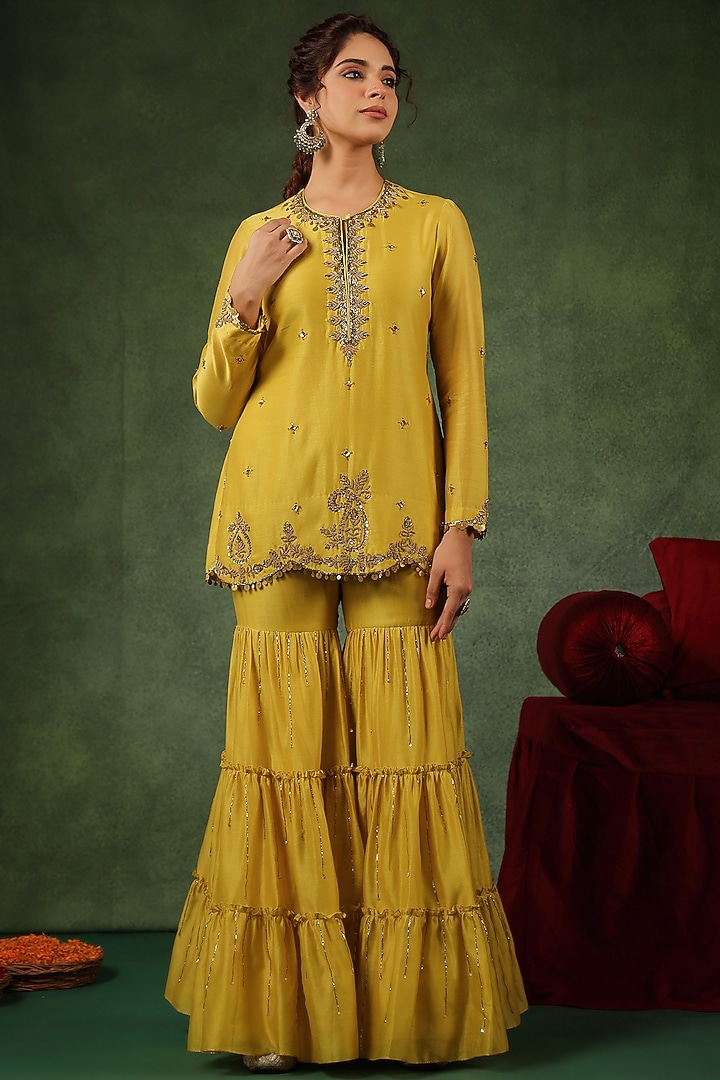 Yellow Chanderi Silk Layered Wedding Sharara Set by Niti Bothra at Pernia's Pop Up Shop