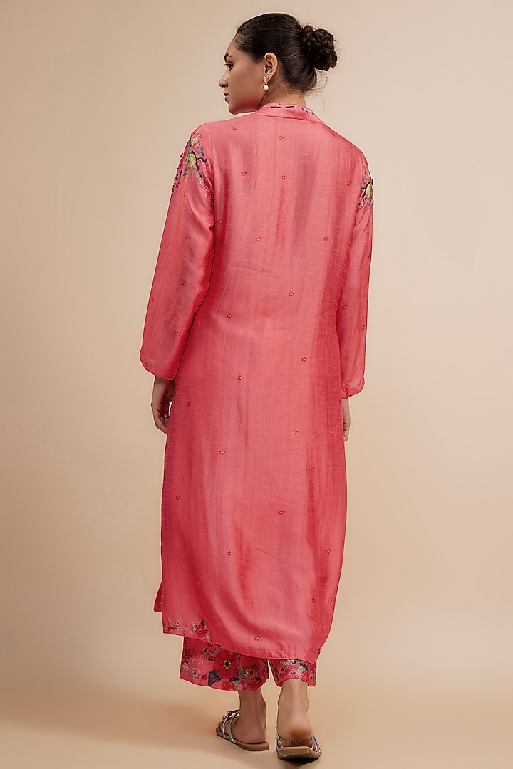 Pink Silk Floral Printed & Embroidered Kurta Set by Niti Bothra at Pernia's Pop Up Shop