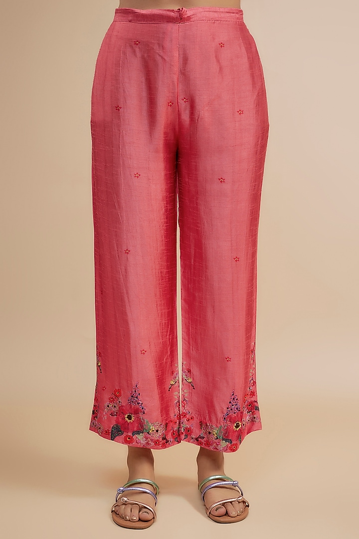 Pink Silk Floral Printed & Embroidered Kurta Set by Niti Bothra at Pernia's Pop Up Shop