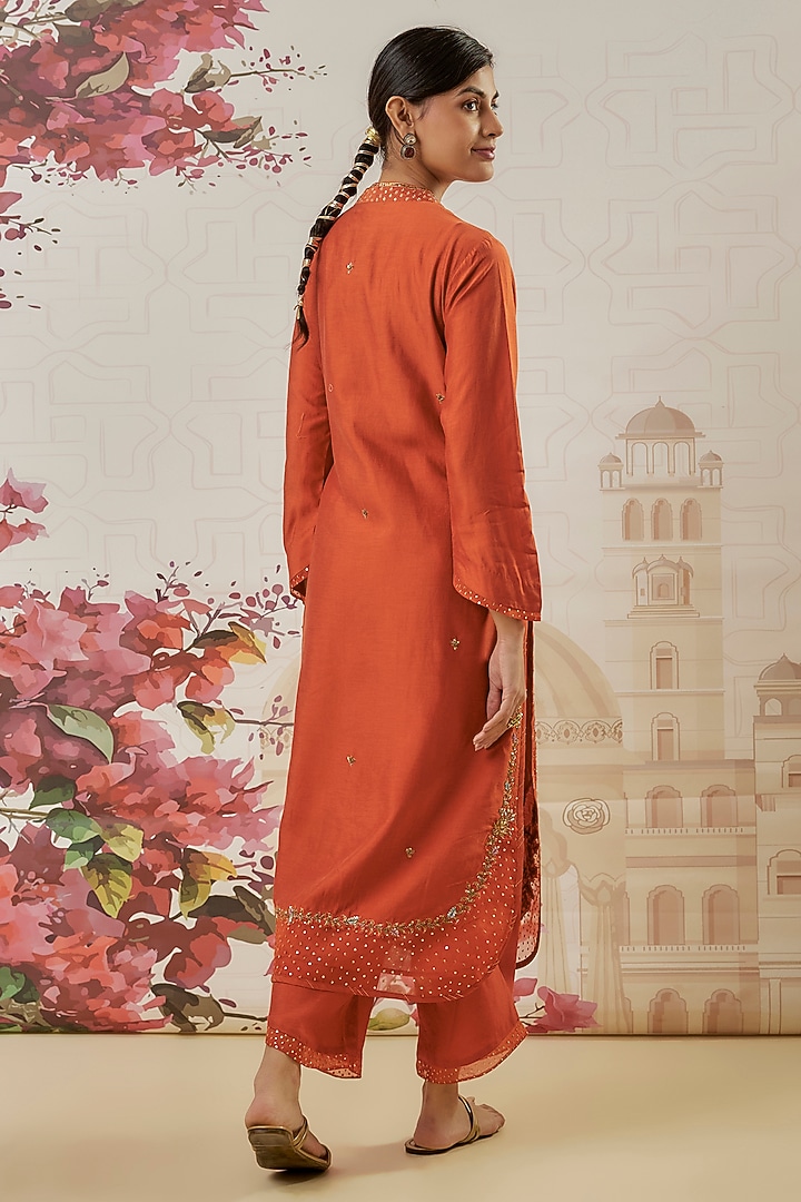 Orange Silk Sequins & Pearl Embroidered Kurta Set by Niti Bothra at Pernia's Pop Up Shop