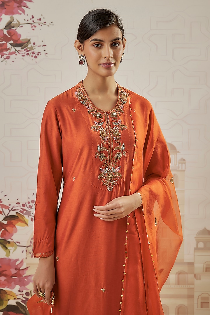 Orange Silk Sequins & Pearl Embroidered Kurta Set by Niti Bothra at Pernia's Pop Up Shop