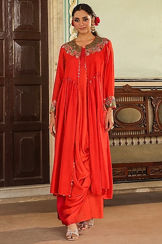 Orange Silk Resham Embroidered Jacket Dress by Niti Bothra
