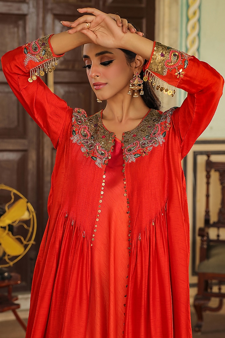 Orange Silk Resham Embroidered Jacket Vacation Dress by Niti Bothra at Pernia's Pop Up Shop