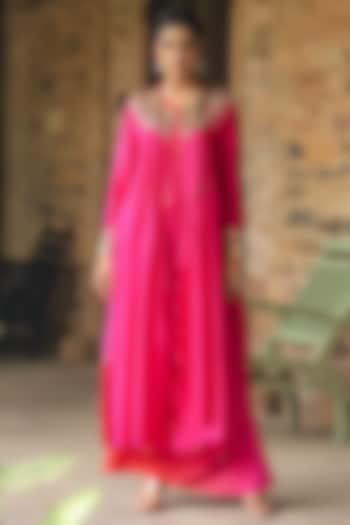 Pink Silk Resham Embroidered Jacket Vacation Dress by Niti Bothra at Pernia's Pop Up Shop