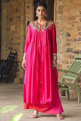 Pink Silk Resham Embroidered Jacket Dress by Niti Bothra