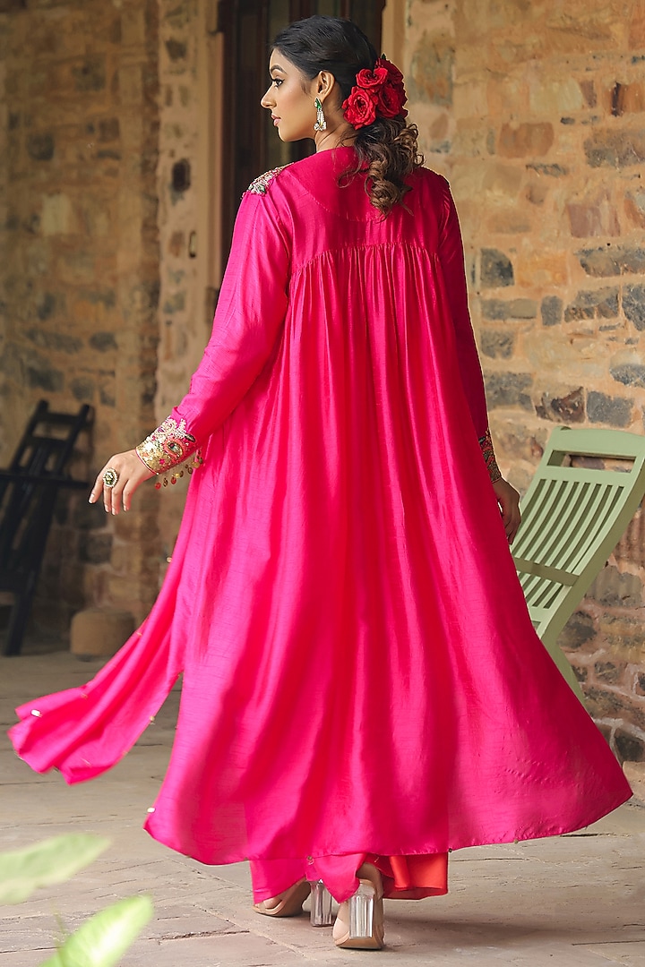 Pink Silk Resham Embroidered Jacket Vacation Dress by Niti Bothra at Pernia's Pop Up Shop