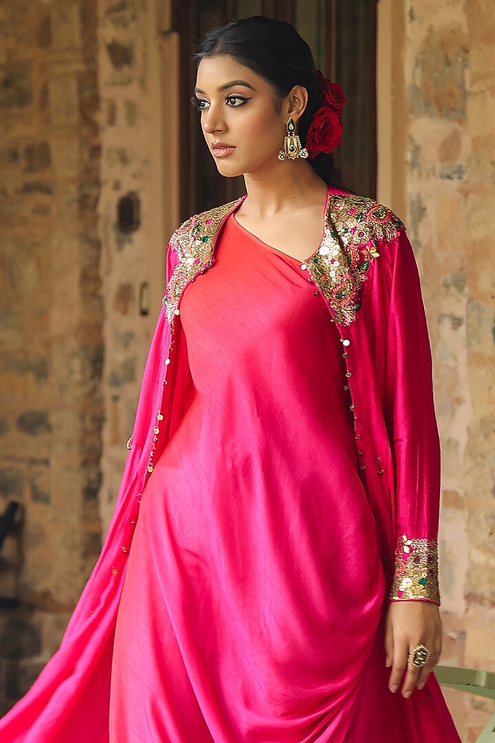 Pink Silk Resham Embroidered Jacket Vacation Dress by Niti Bothra at Pernia's Pop Up Shop
