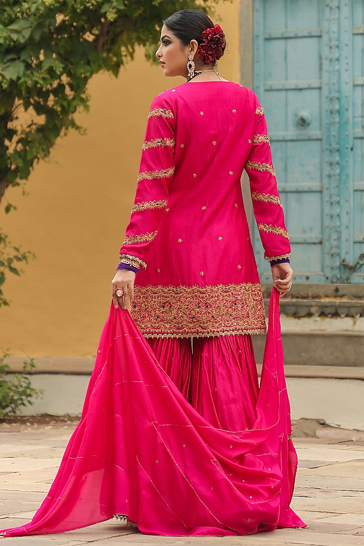 Dark Pink Pure Banarasi Spun Silk Boota Embroidered Wedding Sharara Set by Niti Bothra at Pernia's Pop Up Shop