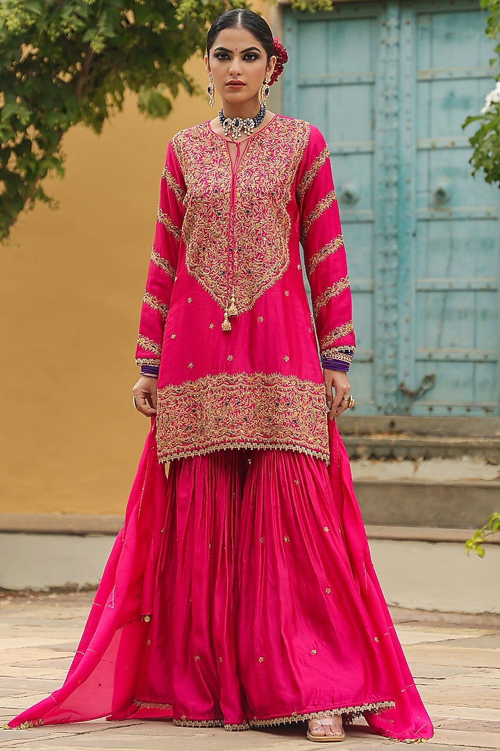 Dark Pink Pure Banarasi Spun Silk Boota Embroidered Wedding Sharara Set by Niti Bothra at Pernia's Pop Up Shop