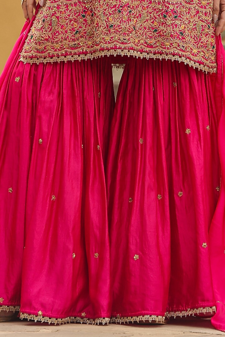 Dark Pink Pure Banarasi Spun Silk Boota Embroidered Wedding Sharara Set by Niti Bothra at Pernia's Pop Up Shop