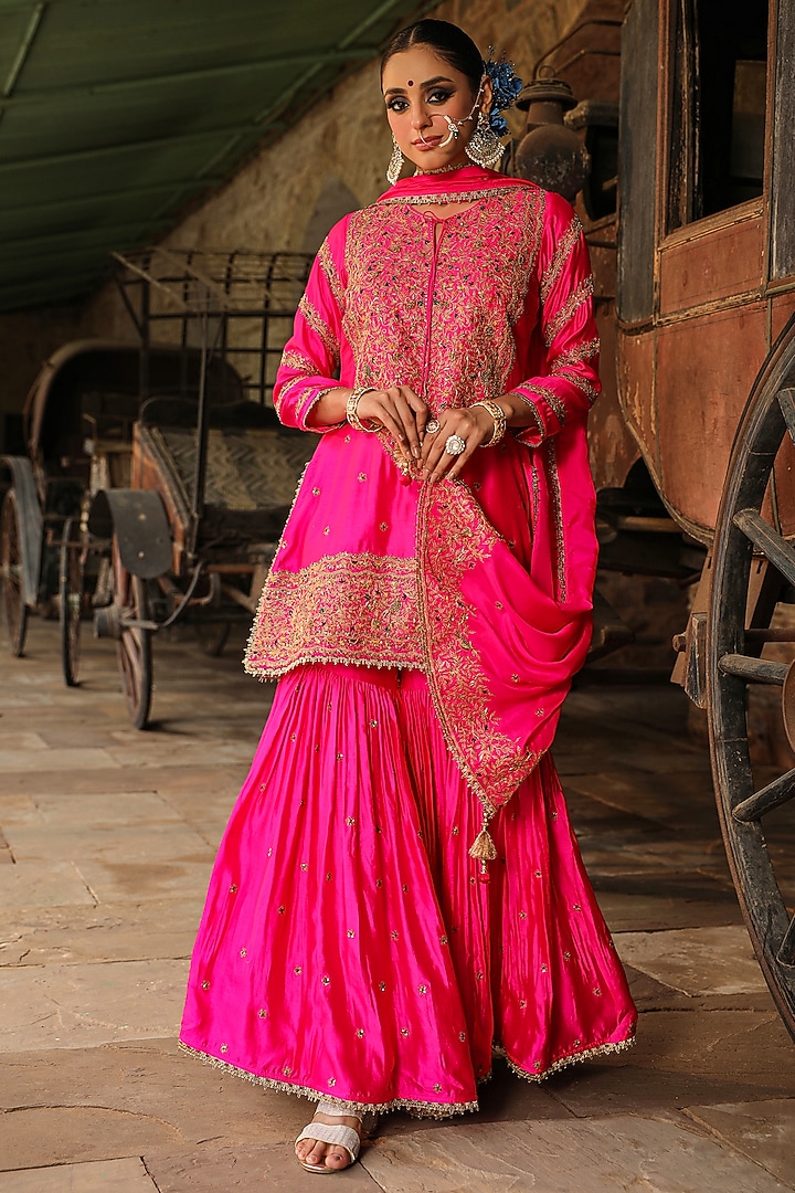 Hot Pink Pure Banarasi Spun Silk Boota Embroidered Wedding Sharara Set by Niti Bothra at Pernia's Pop Up Shop