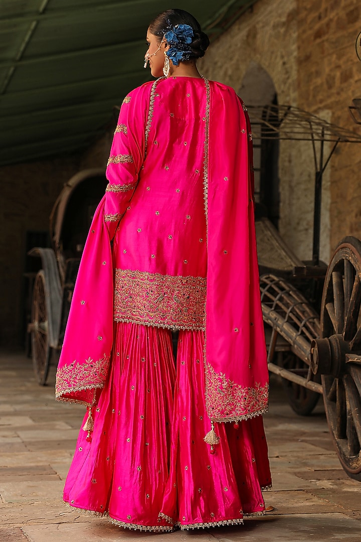 Hot Pink Pure Banarasi Spun Silk Boota Embroidered Wedding Sharara Set by Niti Bothra at Pernia's Pop Up Shop