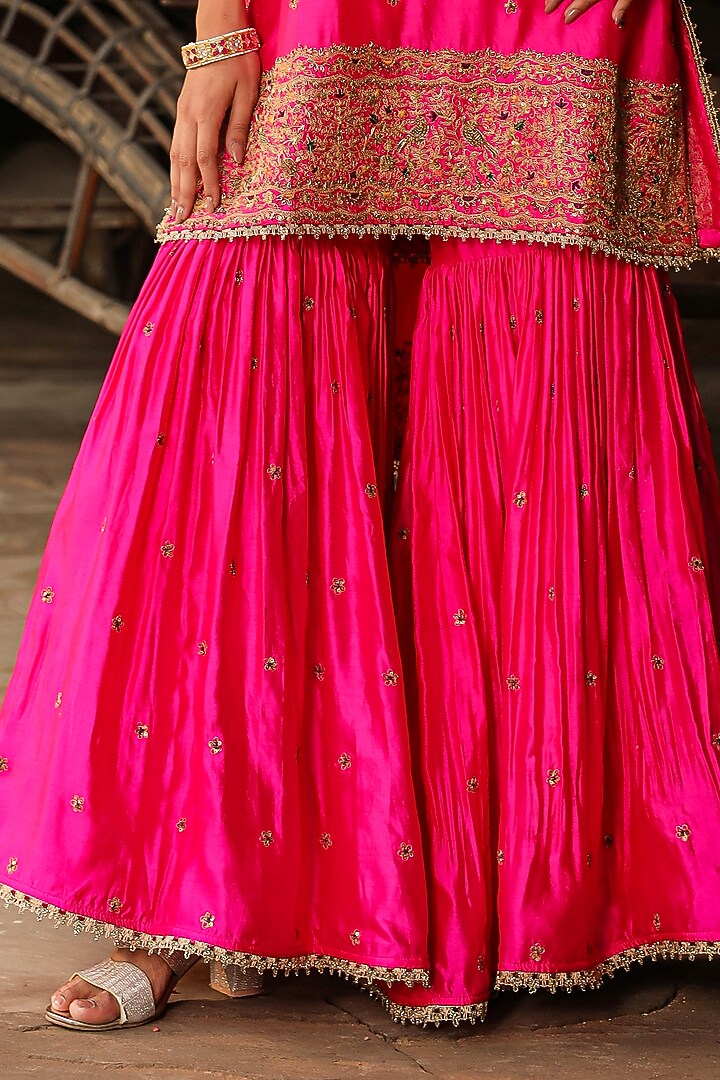 Hot Pink Pure Banarasi Spun Silk Boota Embroidered Wedding Sharara Set by Niti Bothra at Pernia's Pop Up Shop