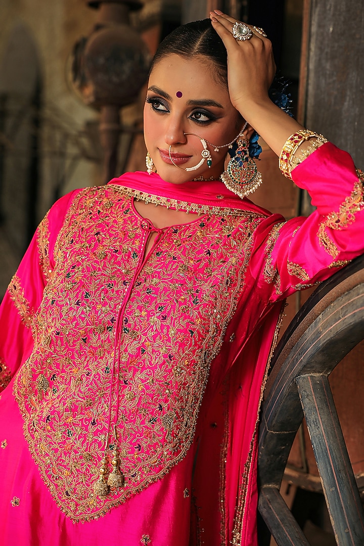 Hot Pink Pure Banarasi Spun Silk Boota Embroidered Wedding Sharara Set by Niti Bothra at Pernia's Pop Up Shop