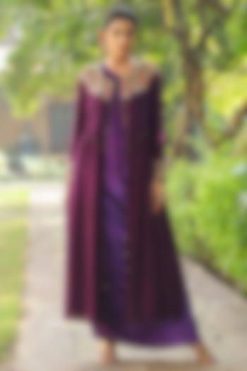 Purple Silk Resham Embroidered Jacket Vacation Dress by Niti Bothra at Pernia's Pop Up Shop