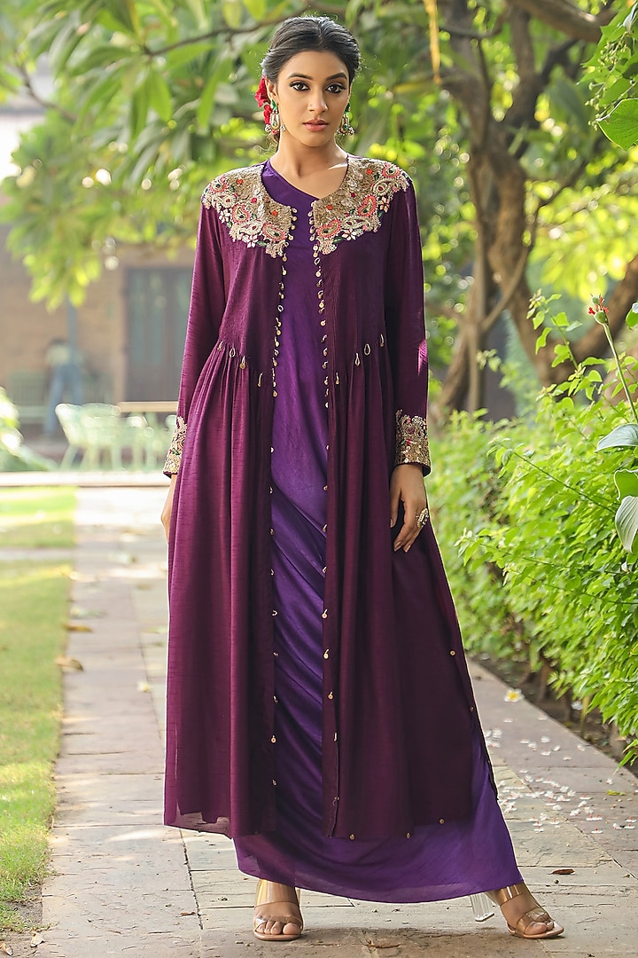 Purple Silk Resham Embroidered Jacket Vacation Dress by Niti Bothra at Pernia's Pop Up Shop