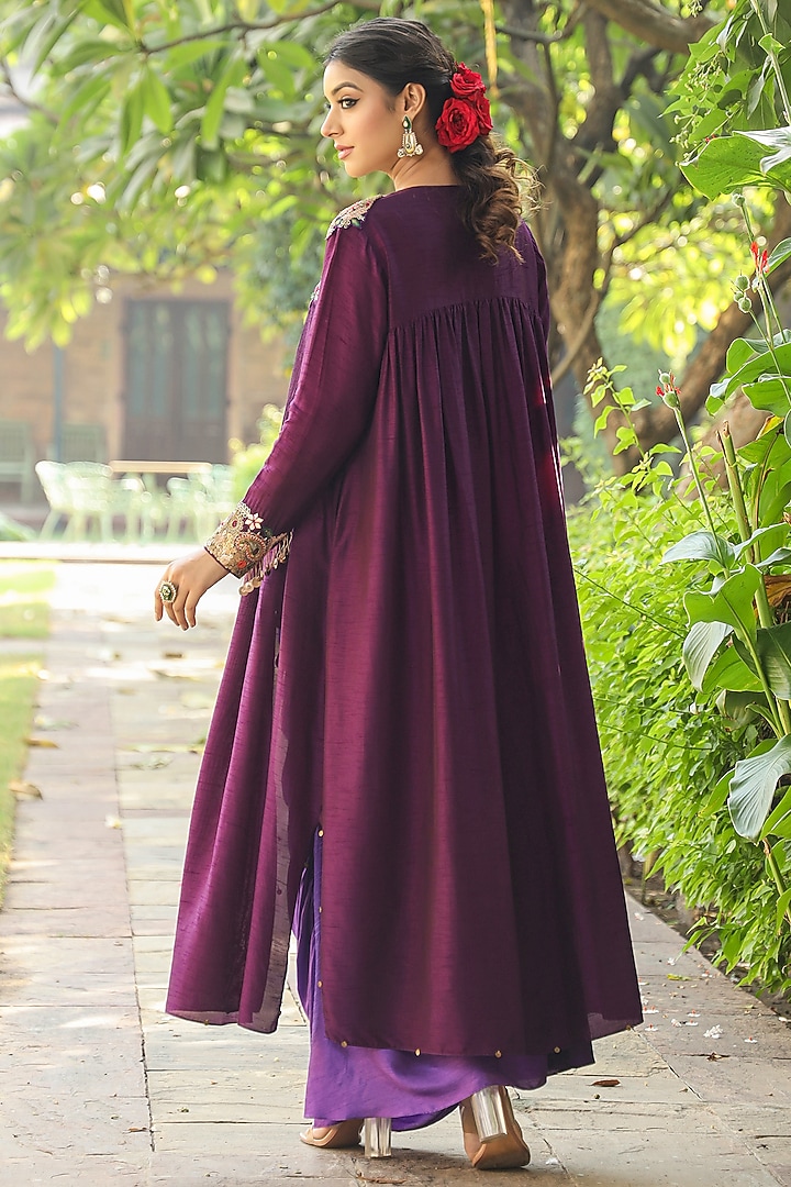 Purple Silk Resham Embroidered Jacket Vacation Dress by Niti Bothra at Pernia's Pop Up Shop