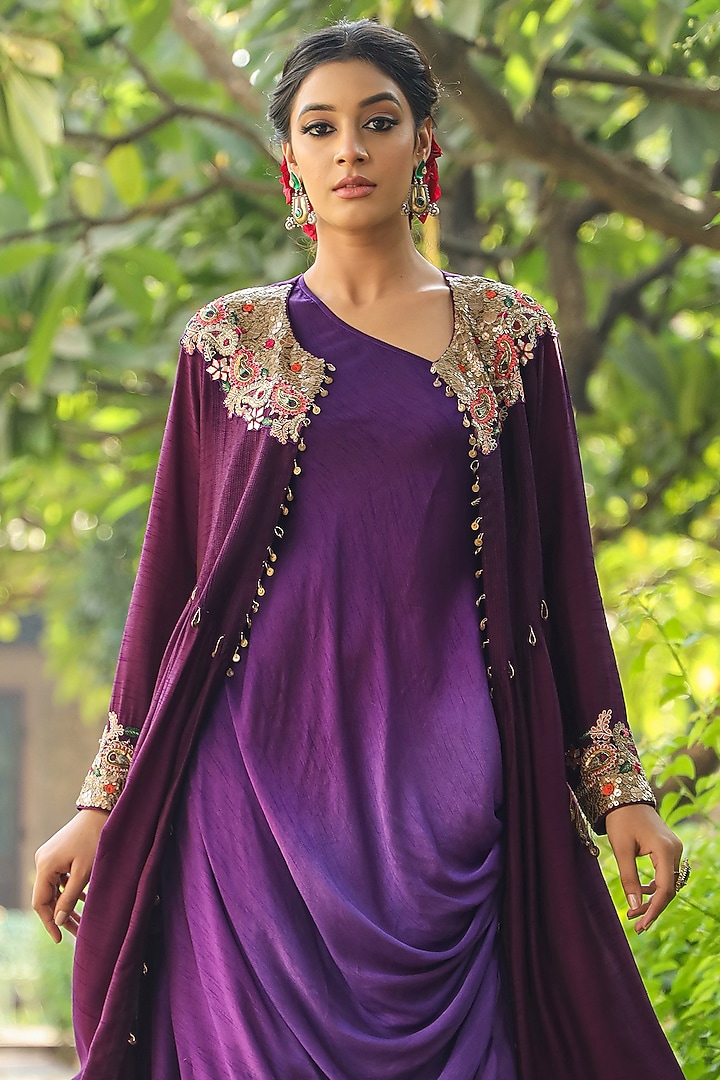 Purple Silk Resham Embroidered Jacket Vacation Dress by Niti Bothra at Pernia's Pop Up Shop