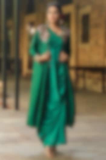 Green Silk Resham Embroidered Jacket Dress by Niti Bothra at Pernia's Pop Up Shop