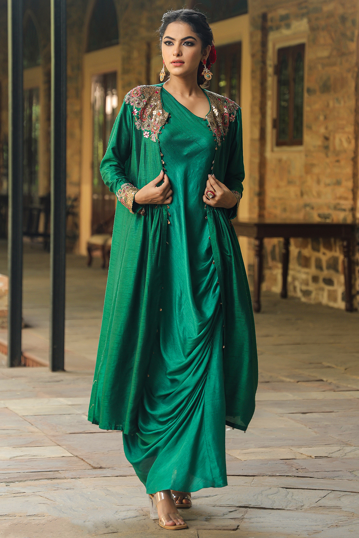 Green Silk Resham Embroidered Jacket Dress by Niti Bothra at Pernia's Pop Up Shop