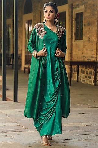 Green Silk Resham Embroidered Jacket Dress by Niti Bothra