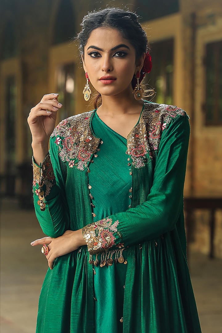 Green Silk Resham Embroidered Jacket Vacation Dress by Niti Bothra at Pernia's Pop Up Shop