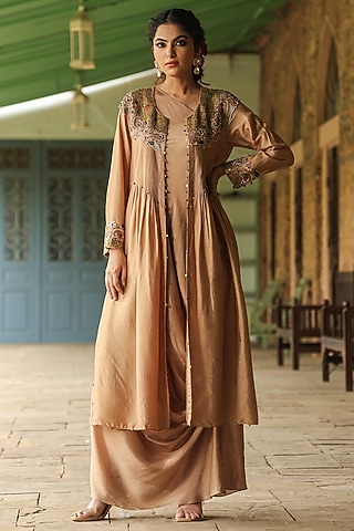 Ivory Silk Resham Embroidered Jacket Dress by Niti Bothra