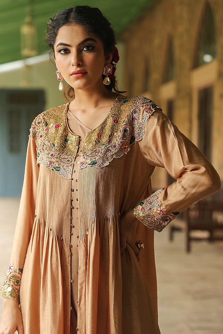 Ivory Silk Resham Embroidered Jacket Vacation Dress by Niti Bothra at Pernia's Pop Up Shop